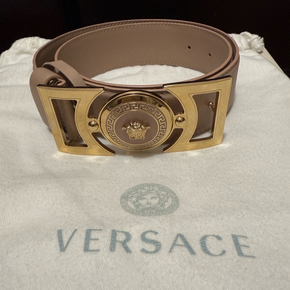 Versace Gold and Tan Medusa Head Belt *AUTHENTIC*